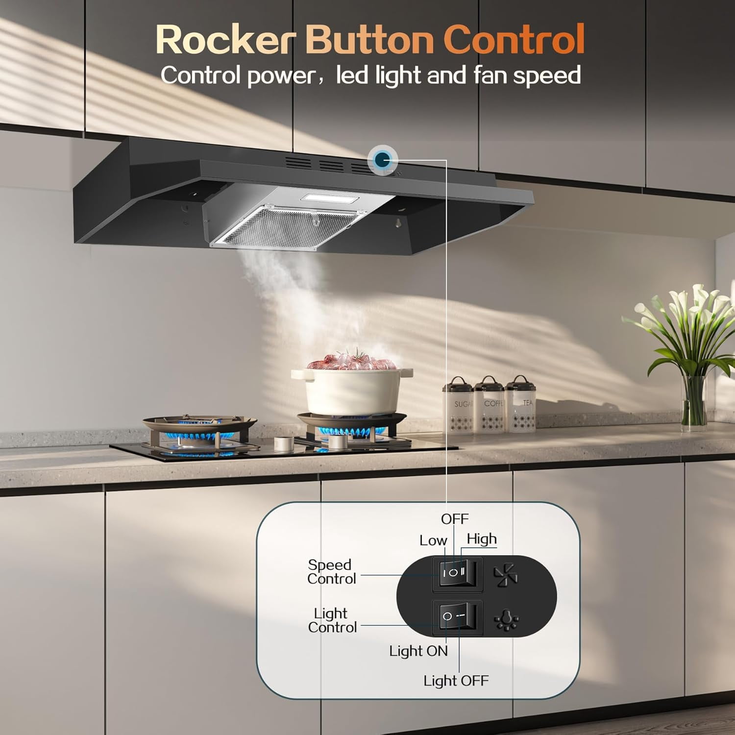 Under Cabinet Range Hood 36 inch, Ducted/Ductless Vent Hood with 2 Speeds Fan, Black Range Hood with Rocker Button Control, Kitchen Hood 280CFM, Bright LED Light
