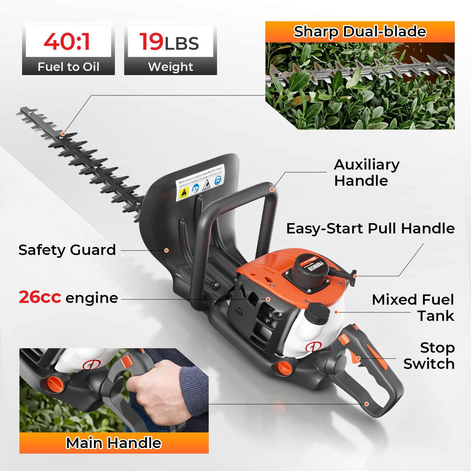 24-Inch 26cc 2 Cycle Gas Hedge Trimmer, Dual Sided Blade,Lightweight Ideal for Trimming Shrubs and Bushes