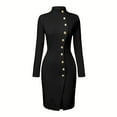 thumbnail image 3 of MORTTIC Women's Elegant Solid Color Long Sleeve Stand Collar Bodycon Midi Dress with Gold Buttons Side Slit Black，XL, 3 of 9