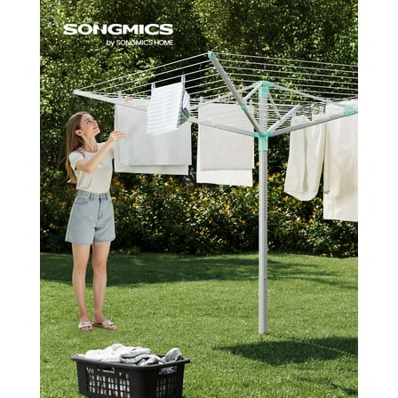 Retractable Outdoor Umbrella Drying Rack-Height Adjustable,164 ft Long Clothesline Holds 5 Laundry Loads,Silver & Green.