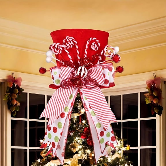 Christmas Tree Topper Large Red Christmas Hat With Peppermint Bow Ribbon Ornament Holiday Tree Decoration For Home Christmas Party Seasonal Decor