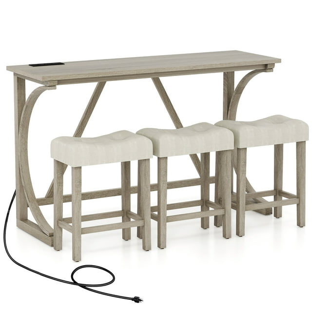 Gymax 4-Piece Bar Table Set w/ Power Outlet Counter Height Bistro Table and Stools