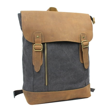 Gry Leather - Sport Cowhide Leather Canvas Backpack C20. GRY