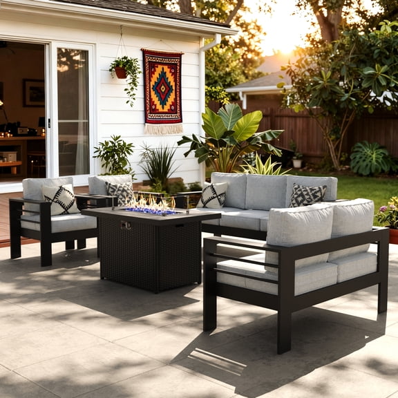 LayinSun Aluminum Furniture Set with Fire Pit Table, 5 Pieces Patio Sectional Conversation Chat Sofa Modern Seating Set