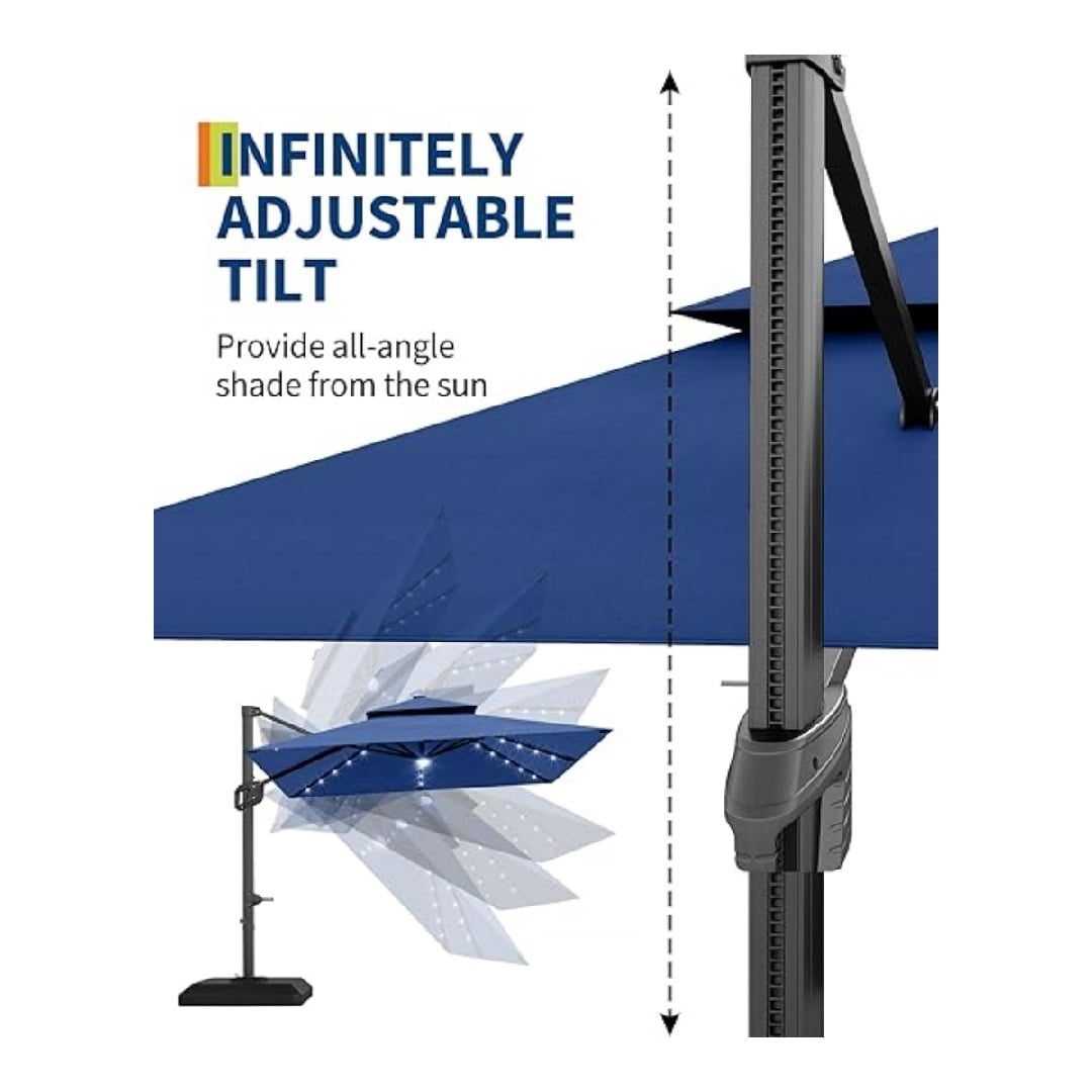 10' x 10' Heavy Duty Cantilever Patio Umbrella with LED Lights & Weighted Base, Square Aluminum Offset Umbrella 360-Degree Rotation for Outdoor Decor, Backyard, Deck, Pool