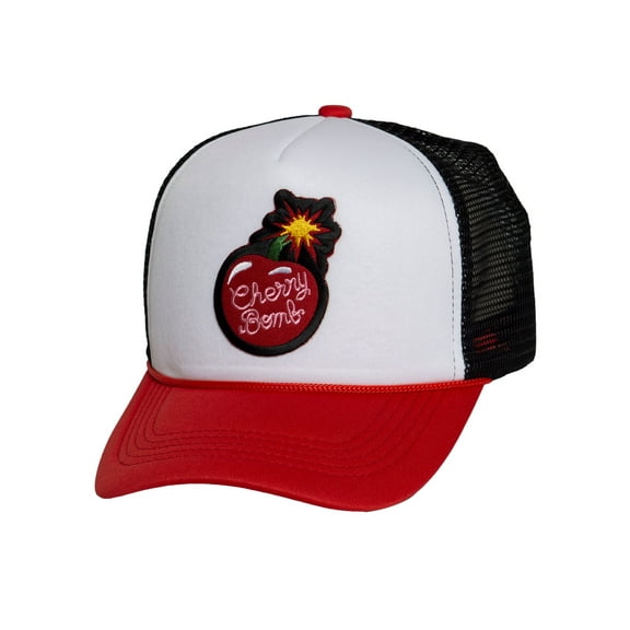 Top Headwear Women's Cherry Bomb Trucker Hat - Mesh Snapback Cap, White/Red