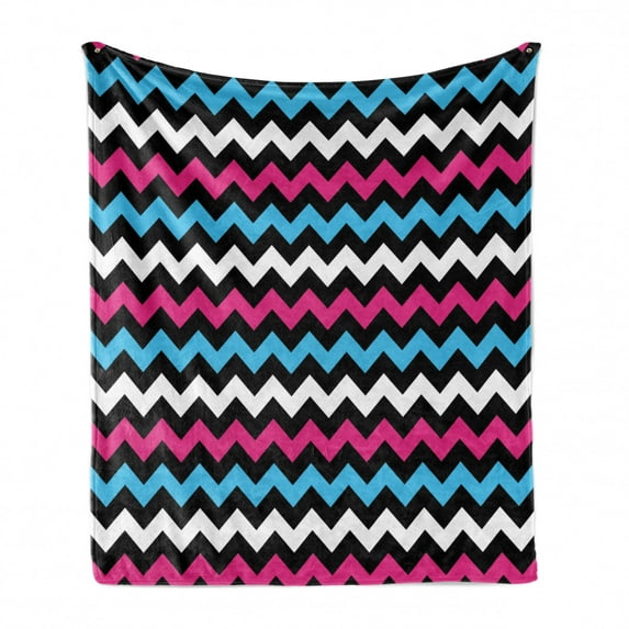 Modern Soft Flannel Fleece Blanket, Colorful Zigzag Twisty Bands Winding Abstract Chevron Tiles Geometric Print, Cozy Plush for Indoor and Outdoor Use, 50" x 60", Pink Sky Blue Black, by Ambesonne