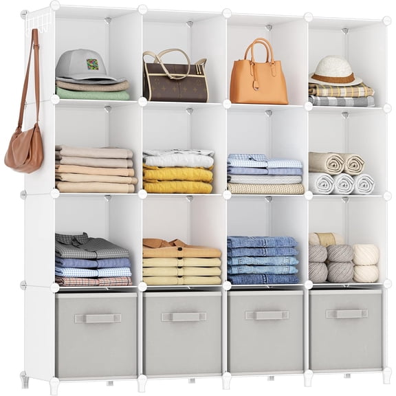 Closet Organizers and Storage, 16 Cube Storage Organizer, Closet Organizer Bookshelf Cubes Shelves for Clothes, Bedroom, Kids Room, Bathroom, Wardrobe, Garment Racks, White