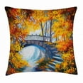 thumbnail image 1 of Art Throw Pillow Cushion Cover, Autumn Forest with A Bridge over Road Dramatic Season Shady Leaves Print, Decorative Square Accent Pillow Case, 16 X 16 Inches, Marigold Vermilion Blue, by Ambesonne, 1 of 2