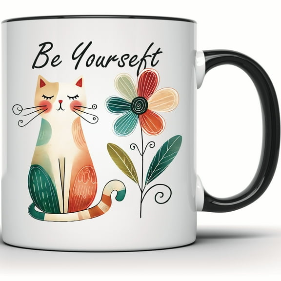 Be Yourself Cat Mug - Cute Kitten Art - Flower Mug - Colorful Kawaii Cat - Gift for Cat Lover - Coffee Tea Office Mug - 11 Ounce Black Rim Handle Novelty Coffee Cup - WMUG1525-BLK