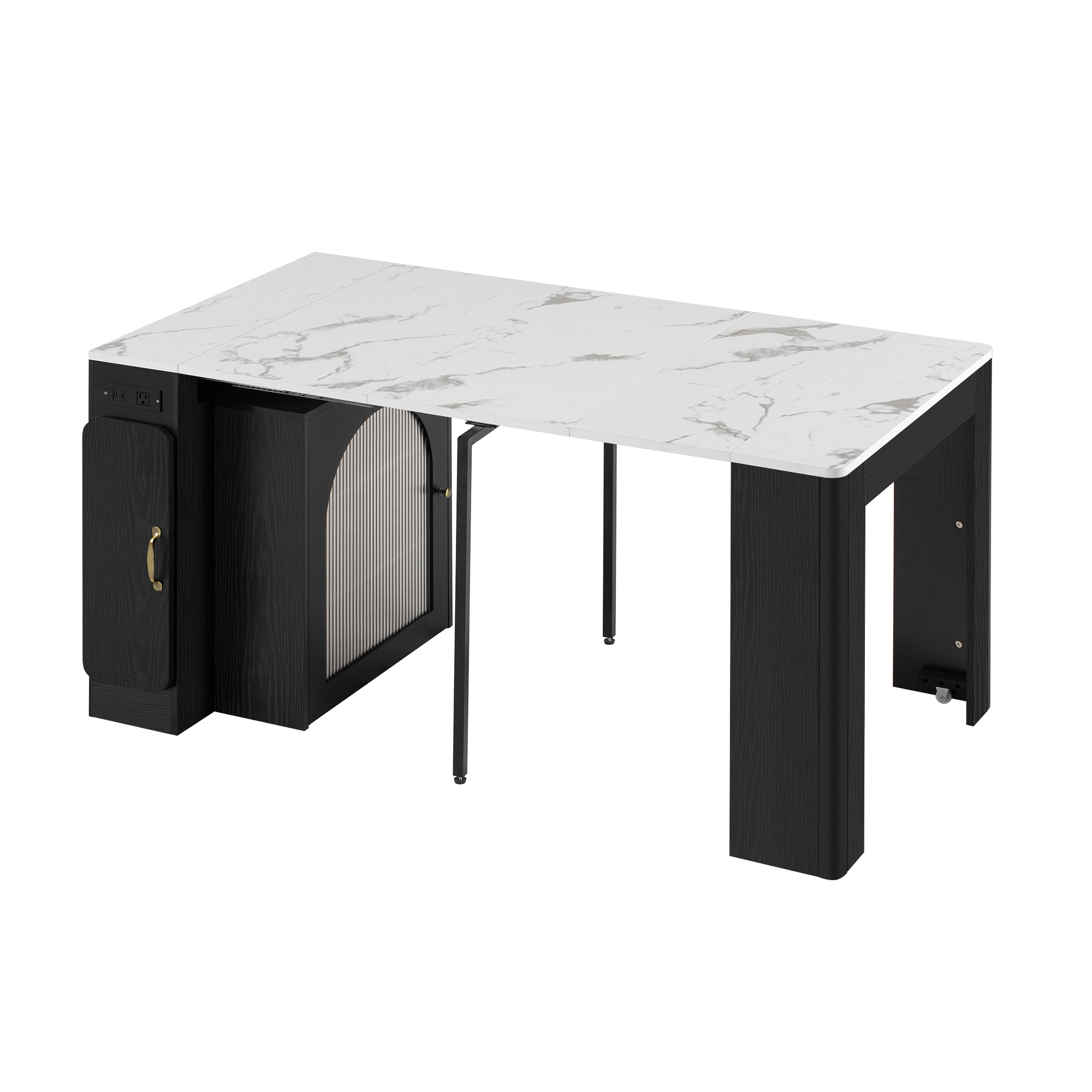 Euroco 59" Extendable Dining Table with 3 Removable Leaves for 4,Mobile Rolling Island Table with Power Outlet and Saving-space Cabinet for Kitchen Living Room,Black