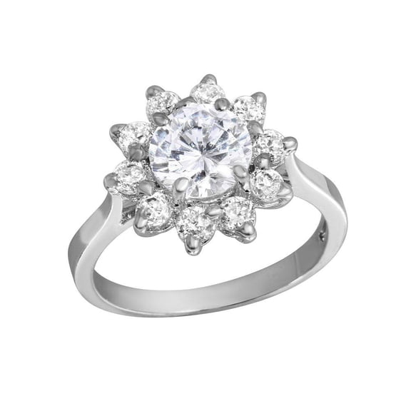 High Polished Rhodium Plated 925 Sterling Silver Flower Ring Band White Cubic Zirconia Female Size 7