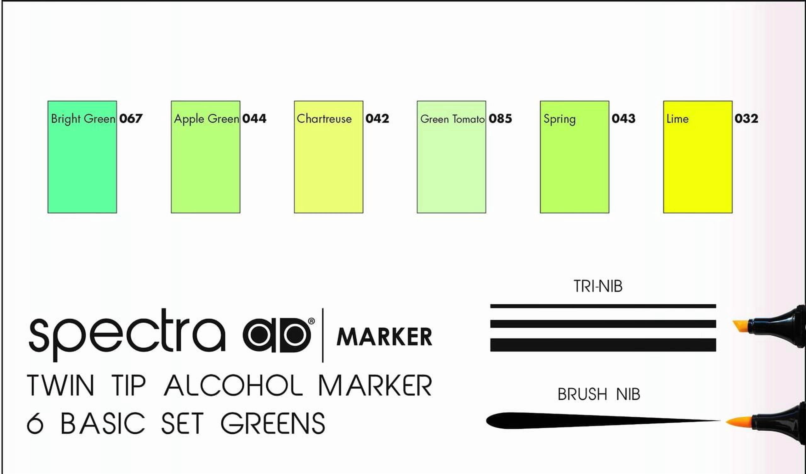 Spectra AD Marker, Tri-Nib & Brush Dual-Tip, 6 Assorted Green Color Set in Plastic Case, 1 Each