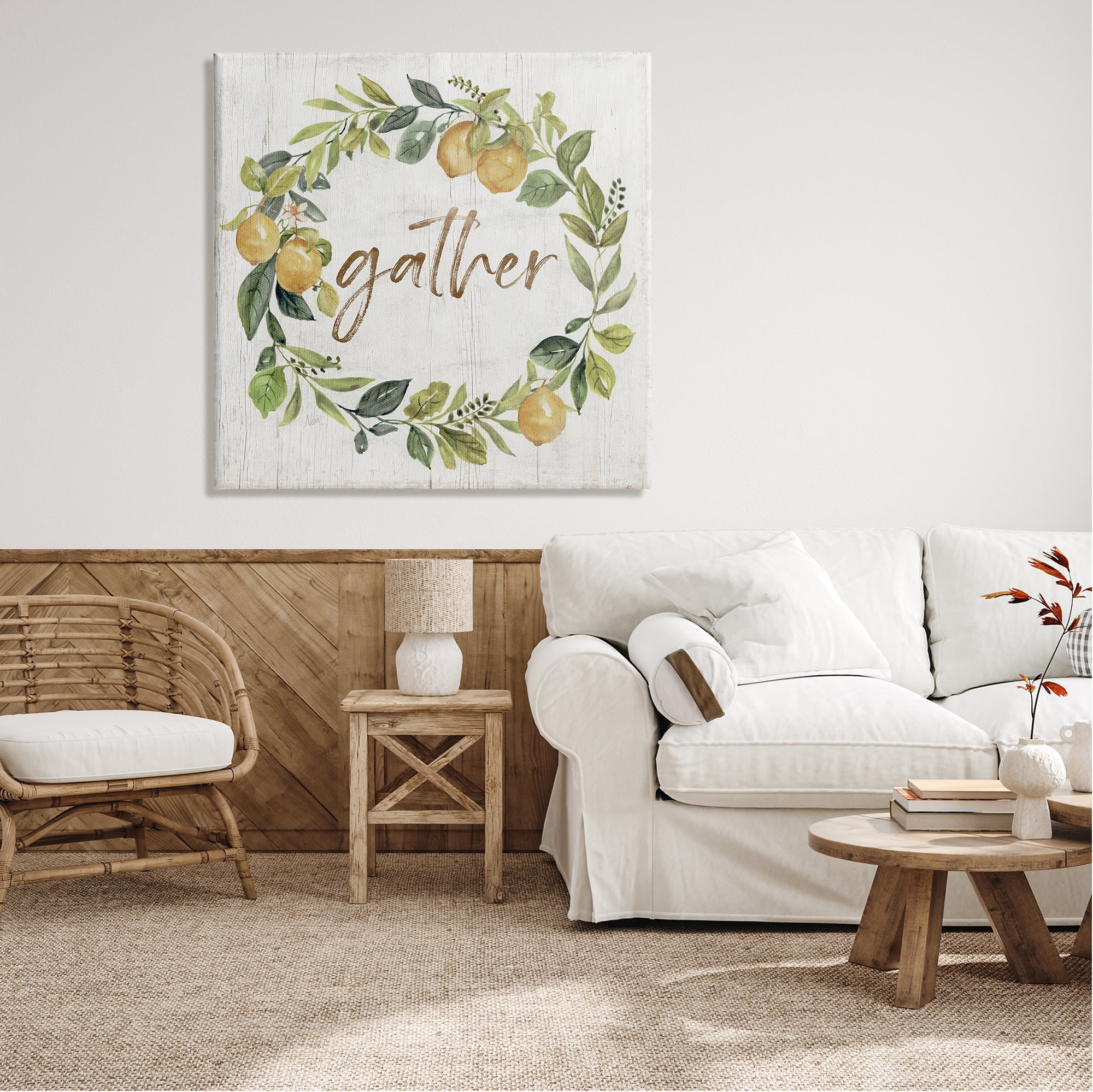 Stupell Industries Gather Circular Lemon Wreath Weathered Botanical Leaves Graphic Art Gallery Wrapped Canvas Print Wall Art, Design by Nan