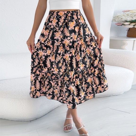 Haivin Ladies' fashionable and casual spring/summer floral mid calf skirt