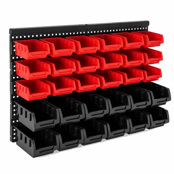 Wall Mount Storage Bins, Parts Organizer, 30-Piece Red and Black for Garage,Screws, Nuts, Bolts, Small Hardware Parts
