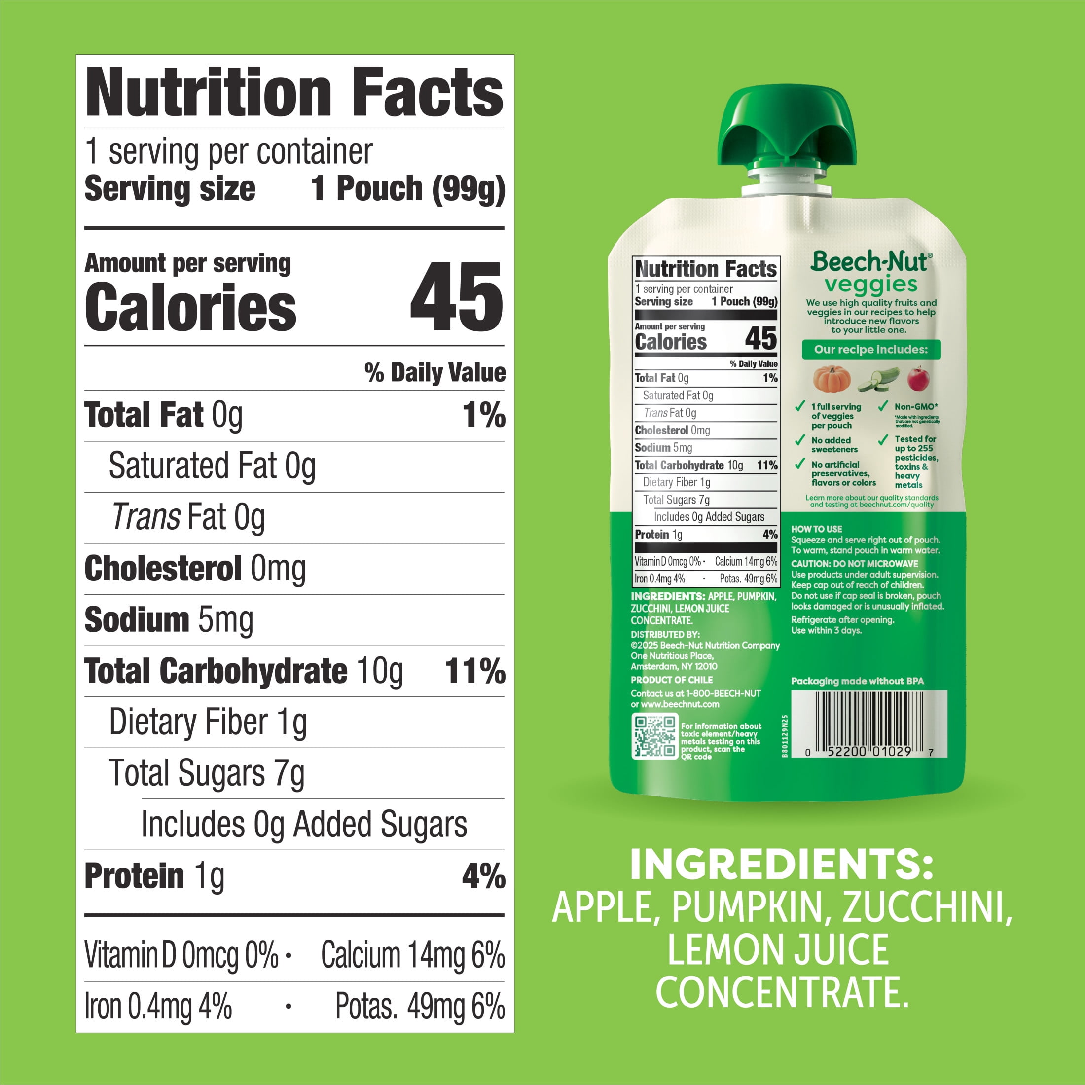 (12 pack) Beech-Nut Veggies Stage 2 Baby Food, Pumpkin Zucchini & Apple, 3.5 oz Pouch