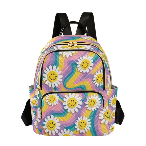 RMDQTR Quilted Backpack Lightweight Casual Daypack with Multi Zipper Pockets for Travel Daily Use Shopping Sports Smiley Faces on The Flowers
