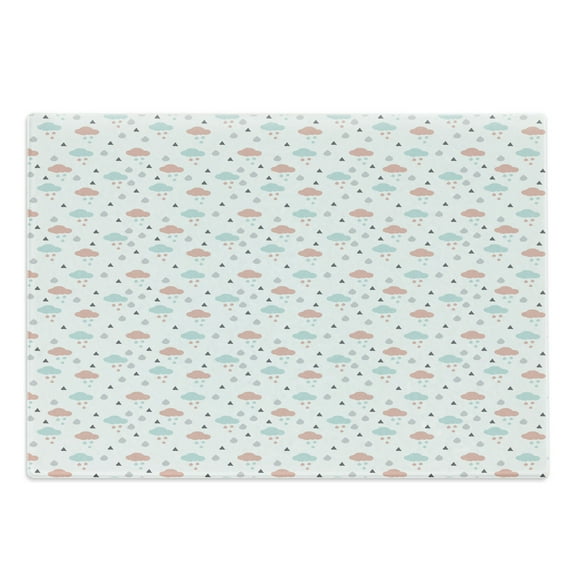 Pastel Cutting Board, Scandinavian Design Clouds with Raindrops and Triangles Weather in Winter, Decorative Tempered Glass Cutting and Serving Board, Large Size, Pale Blue Blush Grey, by Ambesonne