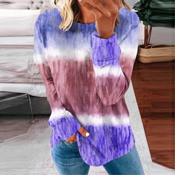 ICHUANYI Clearance Women's Round Neck Fashion Casual Long Sleeve Print Sweatshirt Tops Blouse(Purple, M) ICHUANYI WER2023080900788