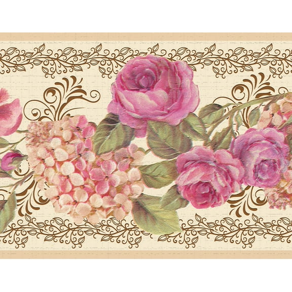 Dundee Deco Peel and Stick Self Adhesive Wallpaper Border - Floral Hot Pink, Cream Roses, Scrolls, Trellis, 15 ft x 7 in