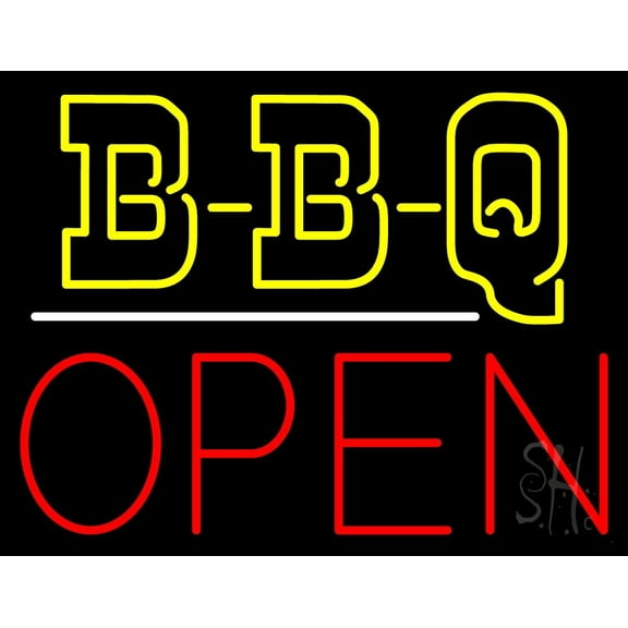 Double Stroke BBQ Open LED Neon Sign 15 x 19 - inches, Clear Edge Cut Acrylic Backing, with Dimmer - Bright and Premium built indoor LED Neon Sign for restaurant window and interior decor.
