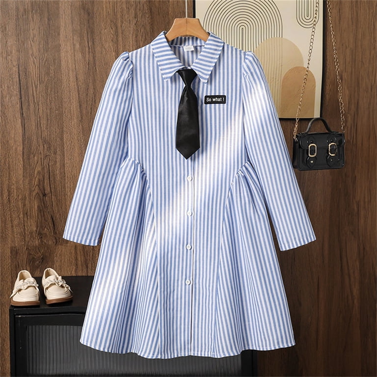 Gaexia Girls Long Sleeve Fall Winter Dress,Stylish Girls Dresses Casual Striped Long Sleeve Shirt Dress with Preppy School for Everyday Wear,Sky Blue,