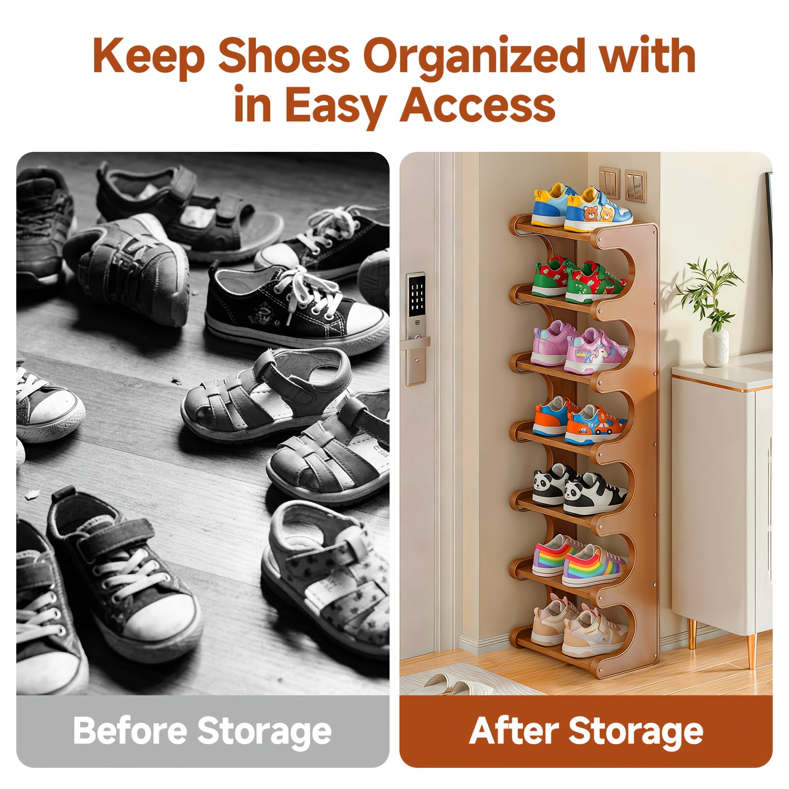7 & 8 Tier Bamboo Wood Grain Square Shoe Rack, Anti-Wobble Freestanding Vertical Shelf, Easy Assembly Space-Saving Storage for Entryway/Dorm, Spring Household Organizer, Brown