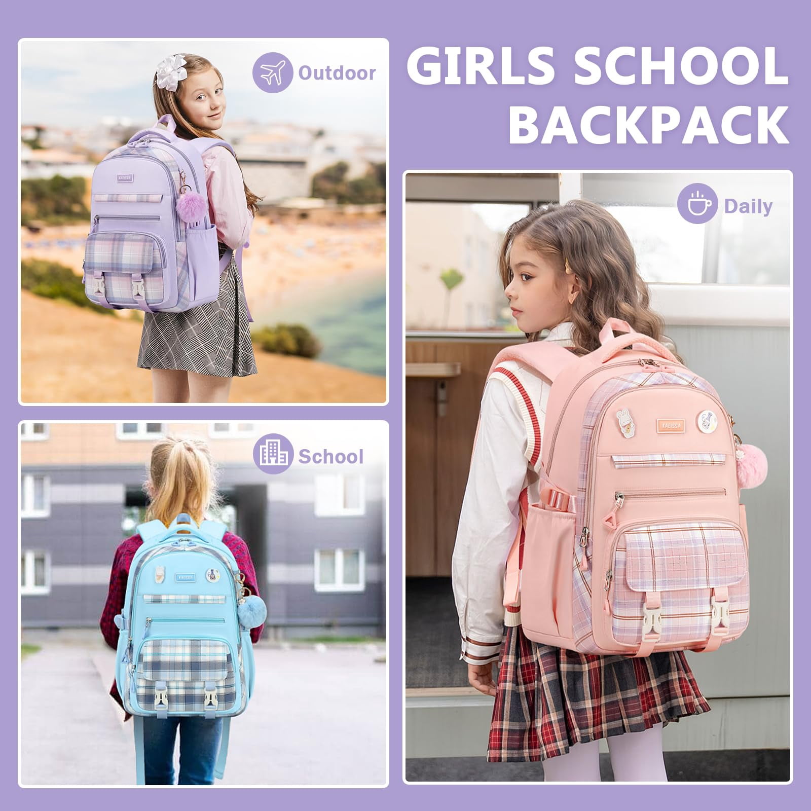 Soda Candy Girls Backpacks for School Kawaii Large Bookbag with Multiple Compartments Lightweight Casual Daypack for Teen Girls Primary Elementary Middle School College, Age 6-14, Purple