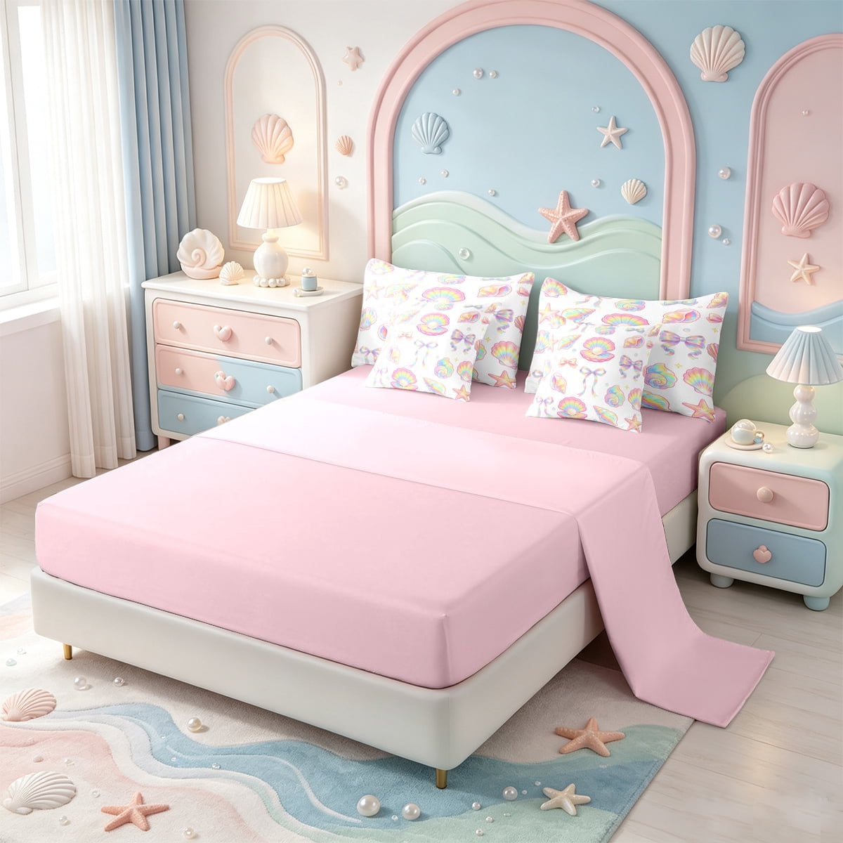 Manfei Colorful Gradient Bow 7-Piece Twin Bedding,Rainbow Conch Stars Bedding Comforter Set,Pink Reversible