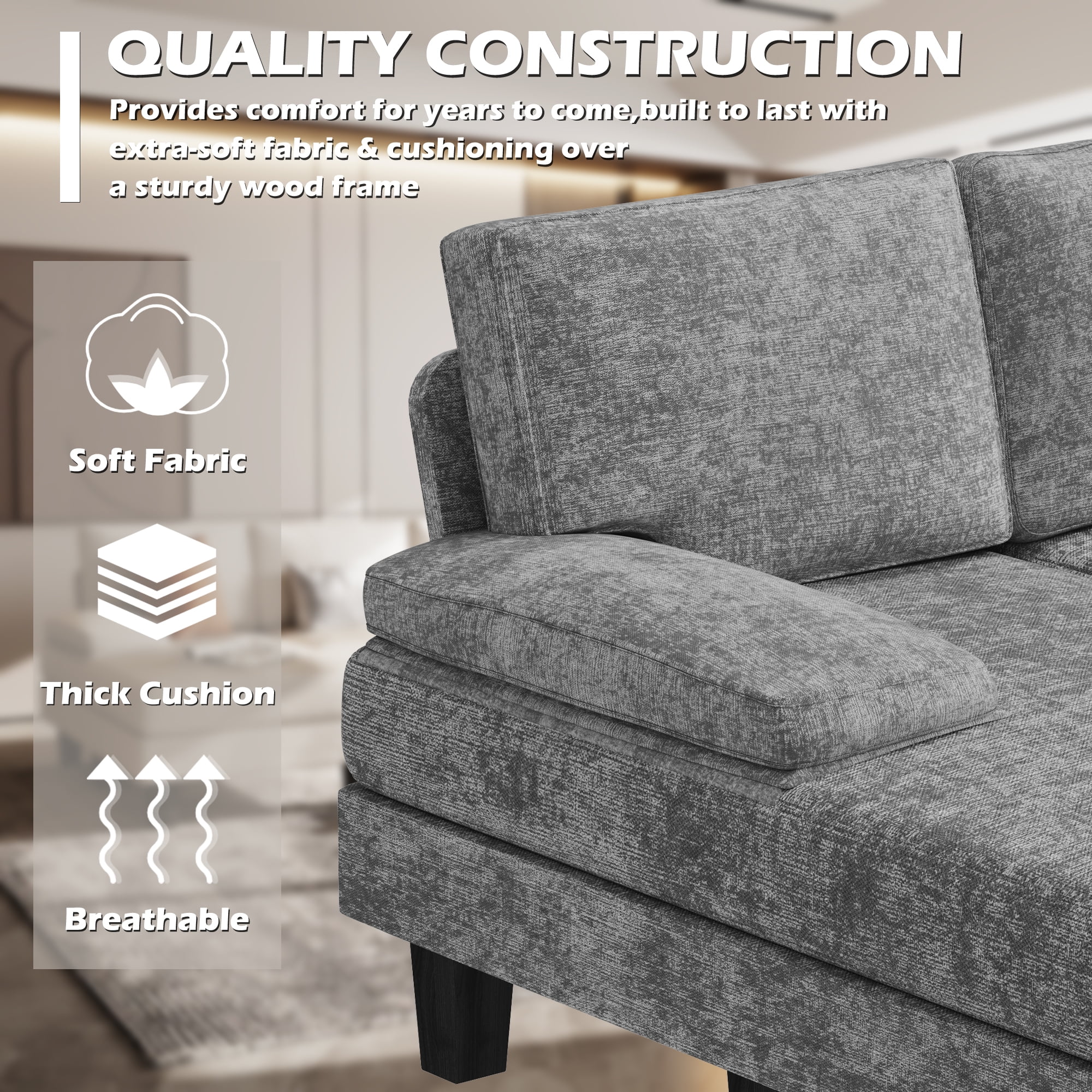 Homall Modern U-Shape 6 Seat Sectional Sofa, Chenille Fabric Modular Couch, Oversized Sofa with Chaise for Living Room, Gray