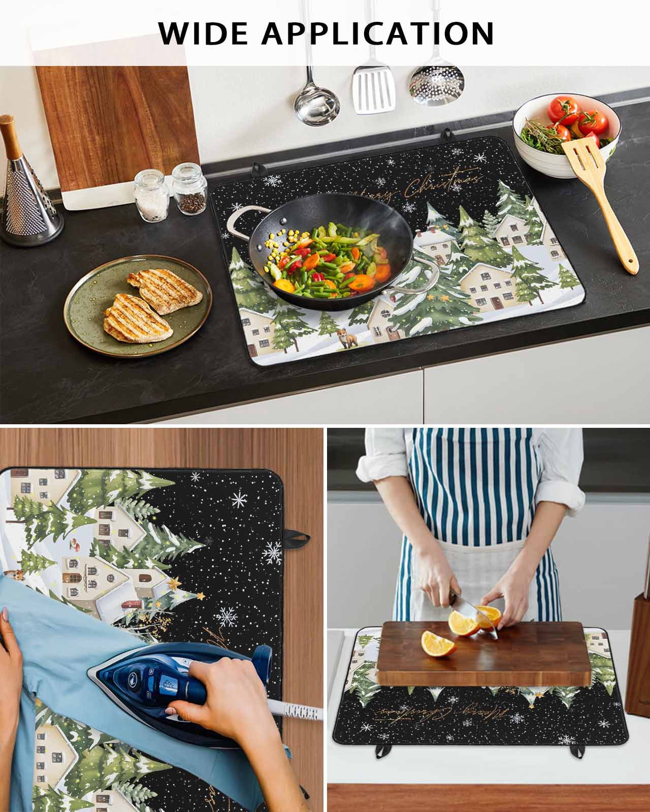 Large Induction Cooktop Protector Mat Christmas Stove Top Covers for Electric Stove, Winter Xmas Trees Snowflakes Country Cabin Black Decorative Stove Burner Cover Mats, Glass Top Stove Cover