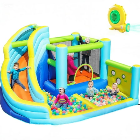 GVDV 12FT Inflatable Bounce House with Water Slide, Ball Shooting, Climbing Wall, Splash Pool & 450W Air Blower for Kids Outdoor Fun