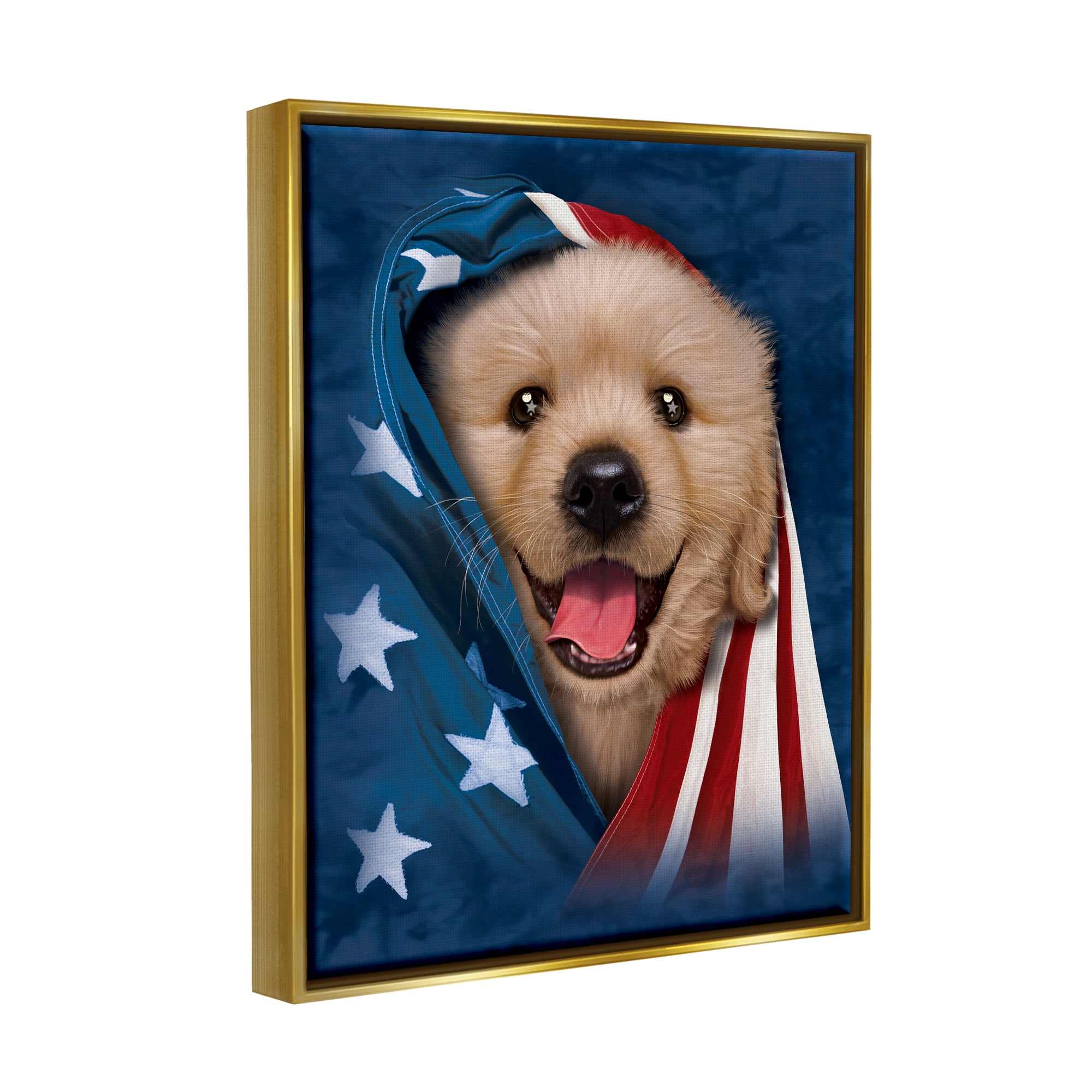 Stupell Industries Puppy & American Flag Animals & Insects Painting Gold Floater Framed Canvas Art Print Wall Art, 17 x 21