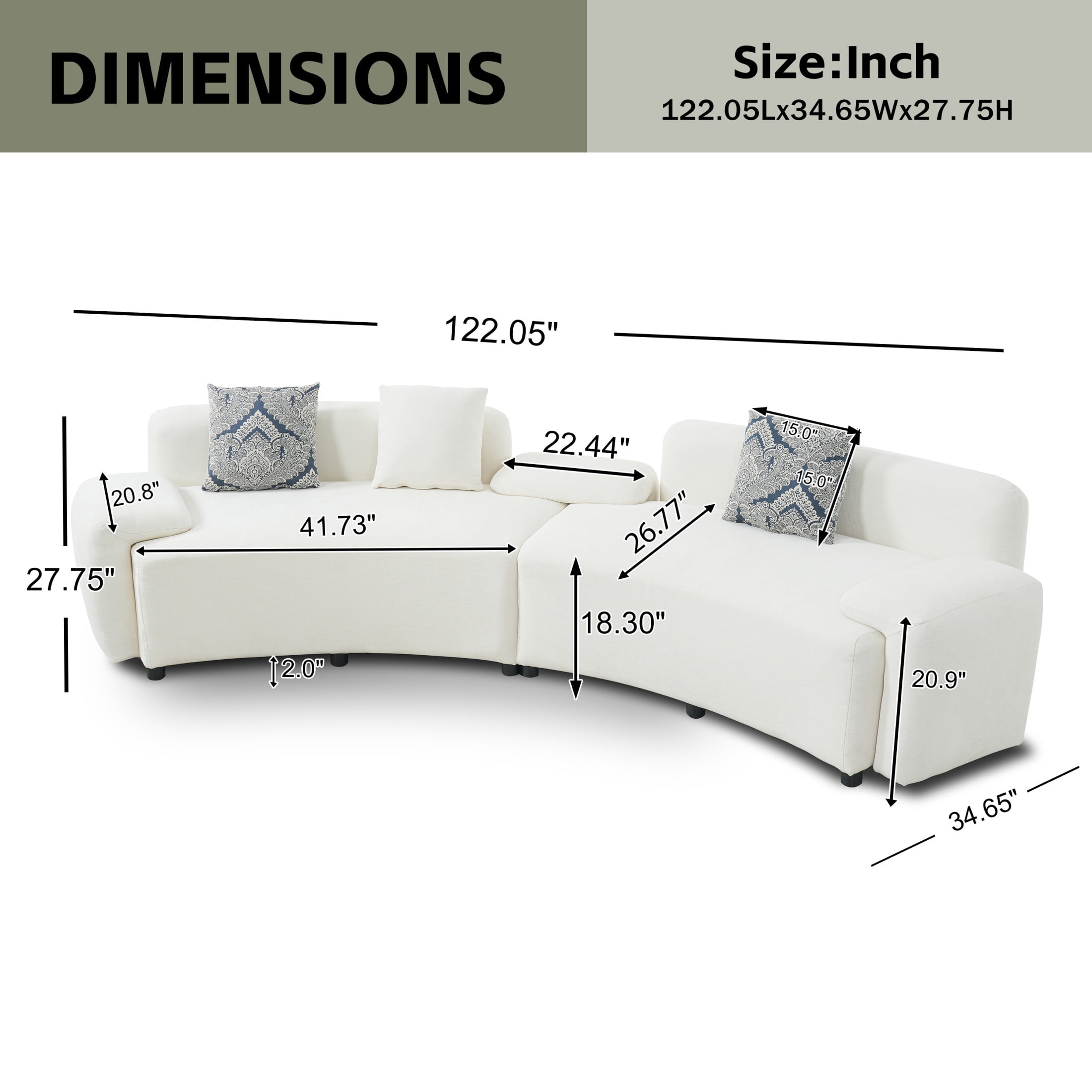 Christopher Knight Home 122" Curved 4-Seat Sofa with Damask Pillows, Upholstered Fabric Couch, Beige