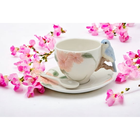 Ceramic Bluebird Flower Cup Saucer Spoon Set 2 Sets Tea Party
