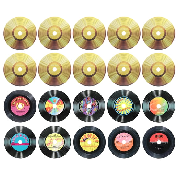 Uxcell 20 Pack Vinyl Records Decor, 5.5 Inch Blank Vinyl Records 11 Designs Fake CD Album Cover for Rock and Roll Party Dining Home Decorations, (Black and Gold, Style 3)