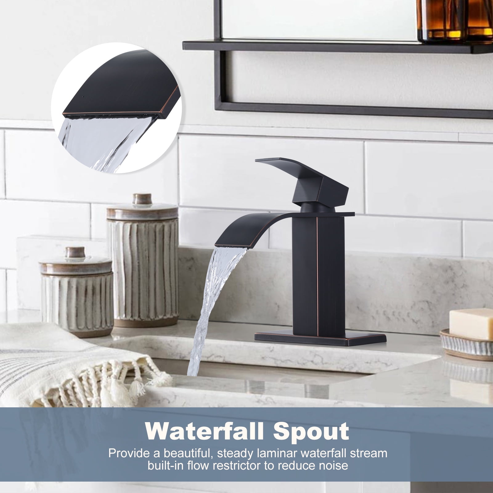 Wowow Waterfall Bathroom Faucet Oil Rubbed Bronze Faucet for Bathroom Sink Single Handle Mixer Tap Lavatory Vanity Faucet with Deck Plate and Pop Up Drain, 1 or 3 Hole