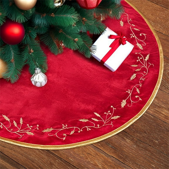 Fasiaou Christmas Tree Skirt, 48 inches Red Velvet Plush Fur Skirts with Gold Embroidered Holly Leaf for Rustic Xmas Tree Holiday Decorations