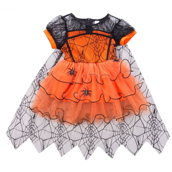 Cjfdfy Toddler Baby Girl Halloween Outfit Witch Costume Tutu Dress Ghost Spider Tutu Dress Costumes Outfit Puff Sleeve Mesh Tulle Dress with Lace Cape