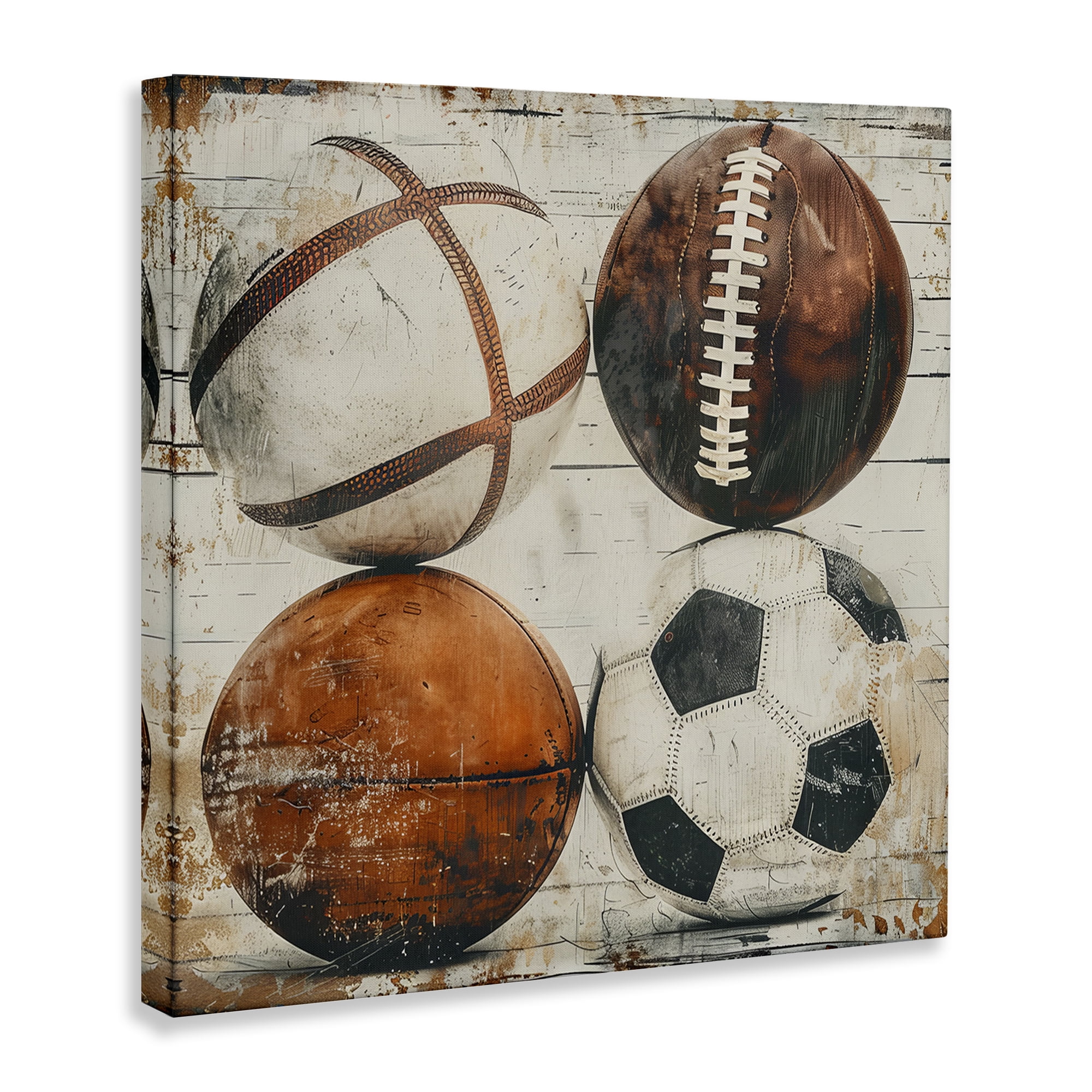 Stupell Industries Rustic Sports Balls Sports Painting Wrapped Canvas Art Print Wall Art, 30 x 30