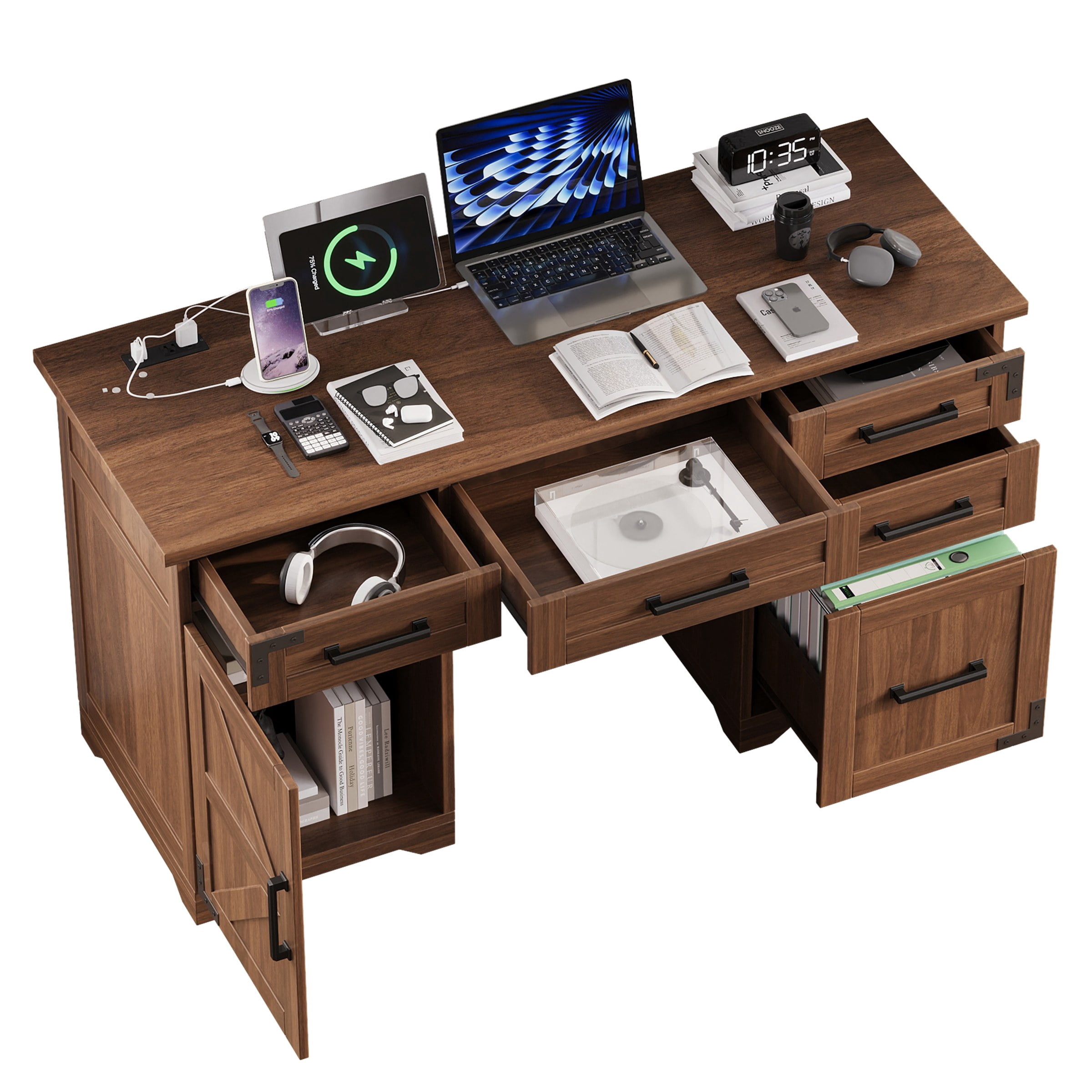 Astoutdoor 55" Farmhouse Executive Desk with Charging Station & Power Outlet, Home Office Computer Desk with 5 Drawers and Cabinet, Rustic Wood Writing Study Table with File Drawer, Walnut