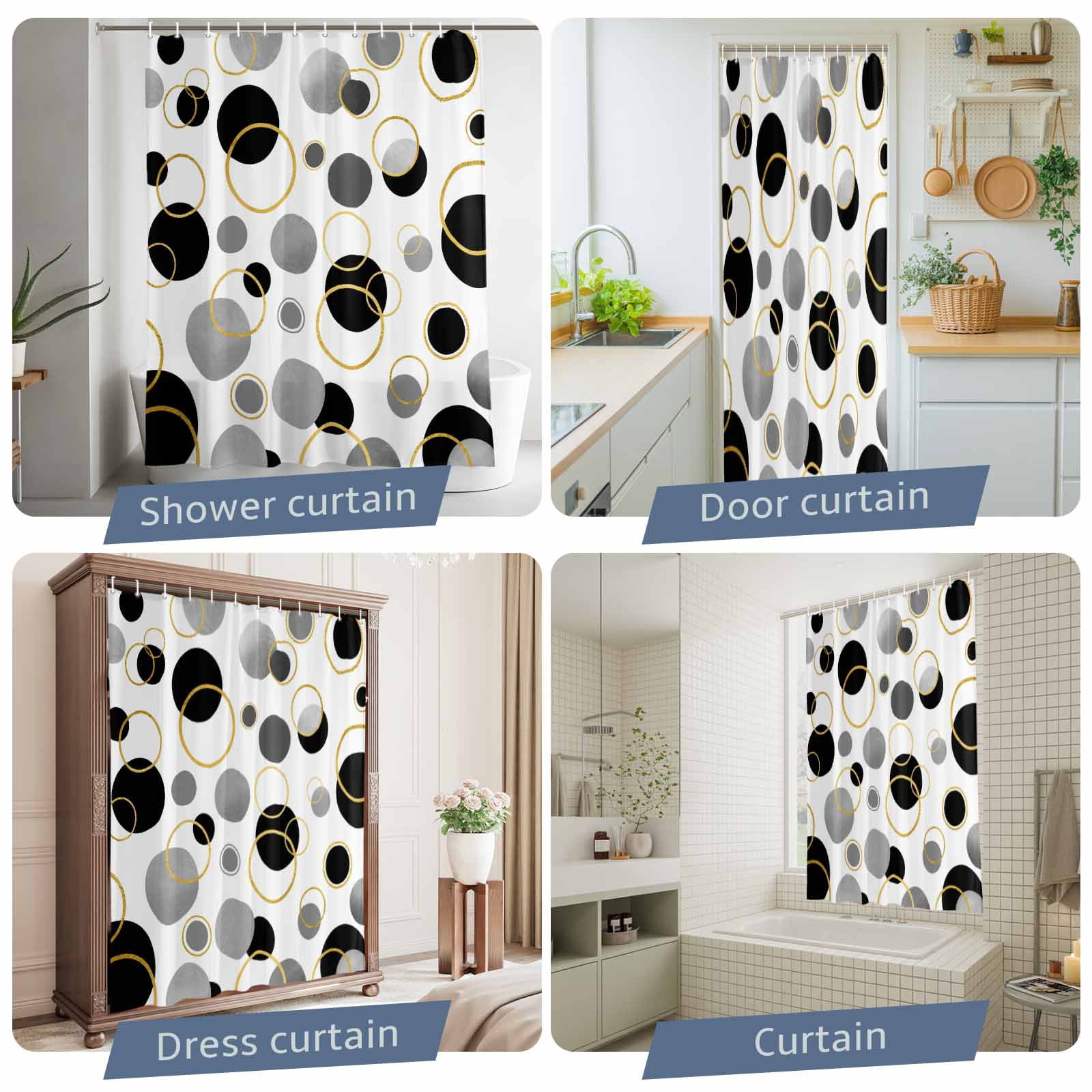 Black Polka Dots Shower Curtain Set, Waterproof Shower Curtains for Bathroom, Modern Abstract Art Washable Fabric Cloth Bath Curtain for Bathtub Decoration with Hooks 48x72 Inches Geometric