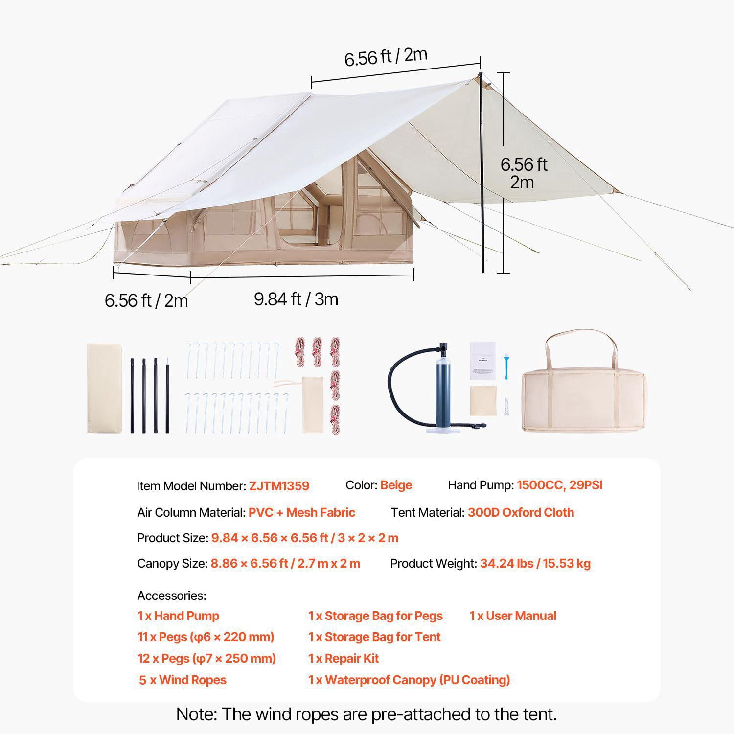 Inflatable 3-5 Person 4 Season Camping Tent Easy Setup with Hand Pump 300D Oxford Canopy Stove Jack 2 Doors 2 Mesh Windows Includes Storage Bag