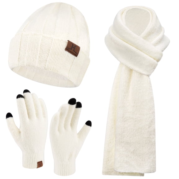FZ FANTASTIC ZONE Womens Winter Warm Knit Beanie Hat Touchscreen Gloves Long Scarf Set with Fleece Lined Skull Caps Neck Scarves for Women Men,White