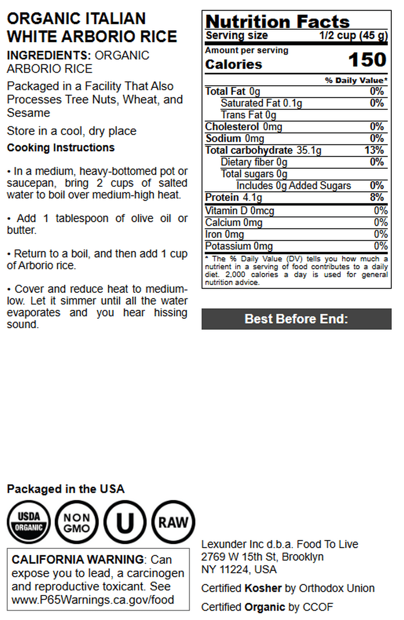 Organic Italian White Arborio Rice, 16 Pounds — Non-GMO, Kosher, Raw, Vegan — by Food to Live