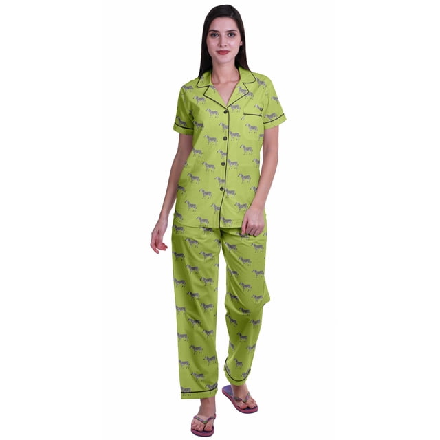 Moomaya Ensemble de Pyjama en Coton Imprimé à Col Cranté, Boutonné, pour Femmes, Tenue de Nuit