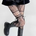 thumbnail image 5 of Women Hollow Out Lace Bow Tie Fishnet Tights, Y2K Millennium Style Floral Mesh Pantyhose, Vintage Japanese Cute Strap Lace Up Sheer Hosiery for Daily Outfits Party Wear(Black), 5 of 5