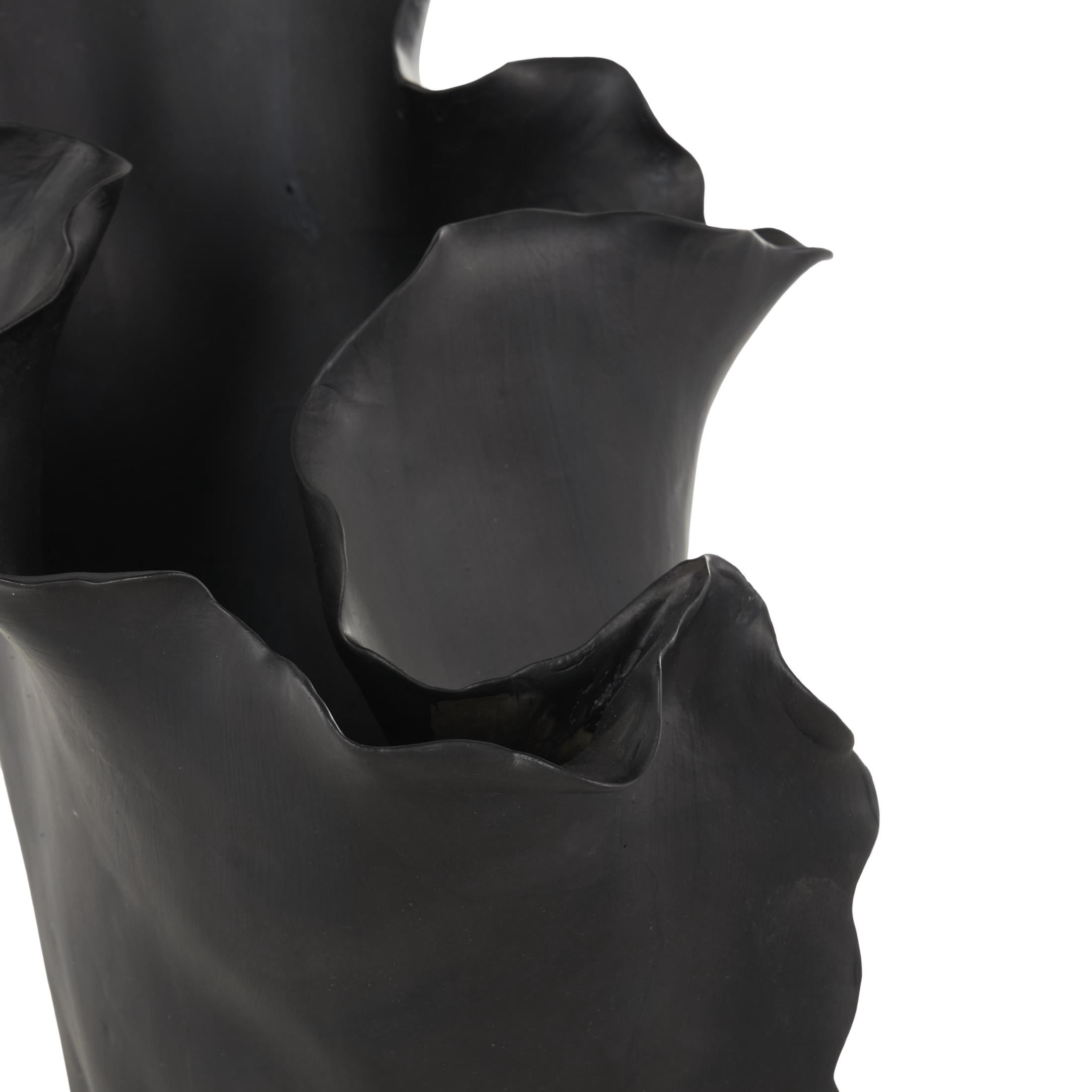 DecMode 16" Abstract Floral Inspired Black Ceramic Vase with Wavy Folded Rim