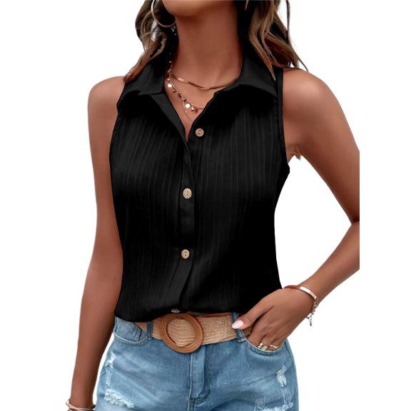 Sleeveless Button Down Shirts for Women Summer V Neck Collared Dressy Blouses Work Office Tank Tops
